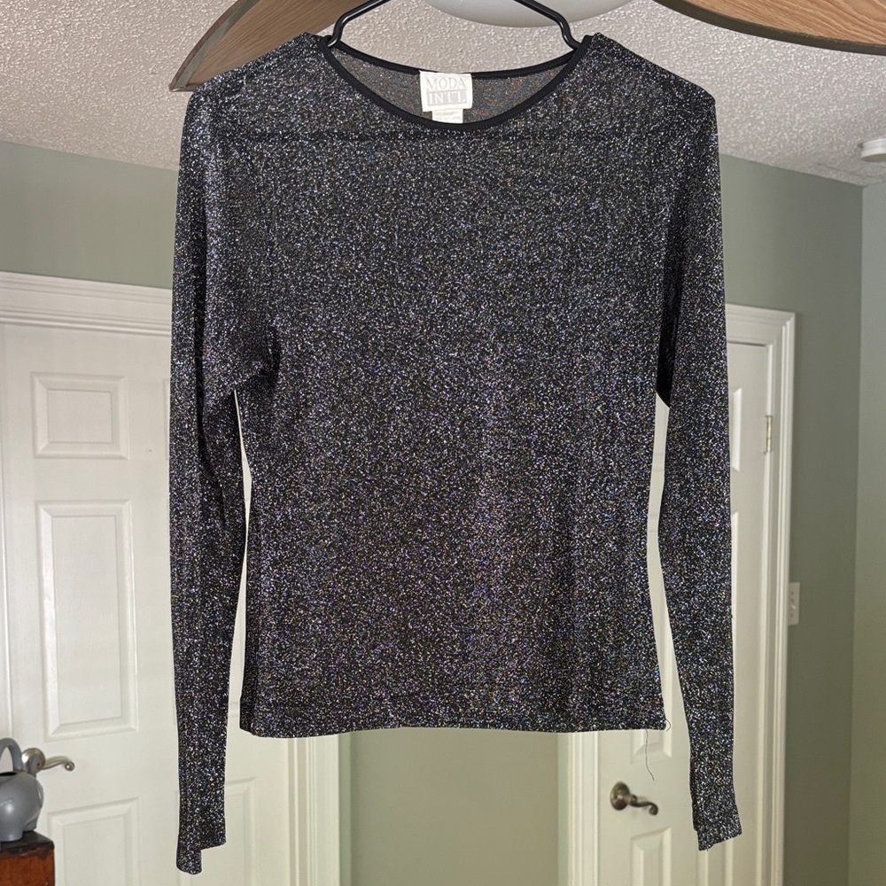 Moda International Y2K Black Sheer Silver Sparkle Blouse Women’s Size M Medium